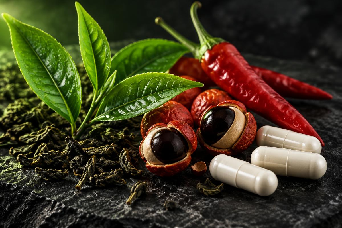 Grüntee-Blätter, Cayennepfeffer, Guarana-Samen und Kapseln auf dunklem Stein